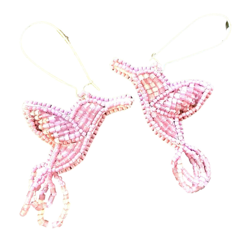Indigenous Native Handmade Raised Beaded Hummingbird Purple Pink Earrings